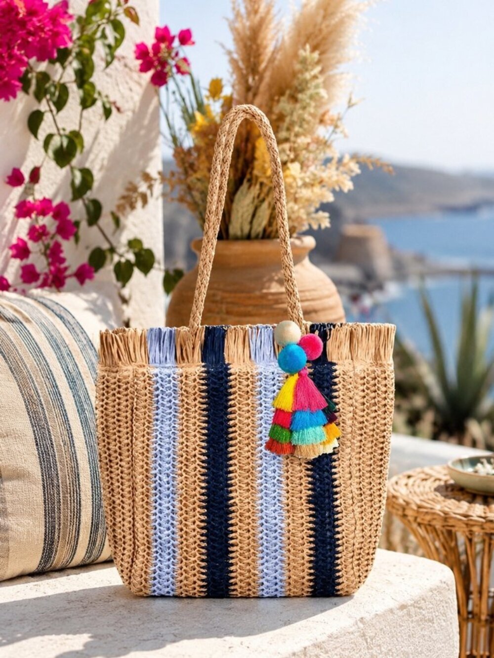 Straw Tote Bag Striped Navy Tassel Zipper Lined Boho Mediterranean Vacation - Picture 13 of 13